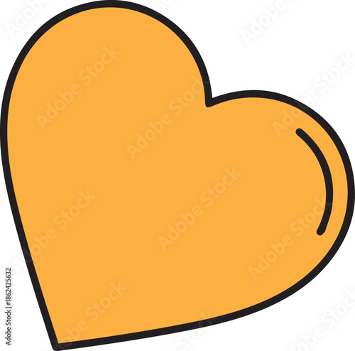 A vibrant orange heart vector icon with a bold black outline and a subtle highlight stroke, tilted slightly to represent love, passion, health, and social media likes.