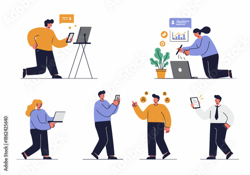 Modern professionals engaged in digital tasks, online communication, data analysis, and social media with laptops and smartphones in a flat design illustration.