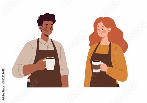 Smiling diverse barista couple holding coffee cups. Professional cafe staff representing excellent service and hospitality.