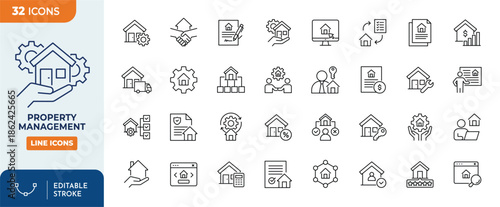 Property Management line editable icon set. Containing property, management, buying, selling,  renting, house, maintenance, and more. Editable stroke. vector illustration