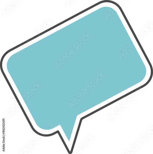 A light blue speech bubble vector with a thick dark grey outline and a white inner border, angled slightly to the right to represent communication, chat, and social interaction.