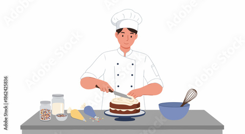 Professional male chef in a toque and uniform expertly decorating a delicious frosted cake with a palette knife, surrounded by baking ingredients in a clean kitchen setting.