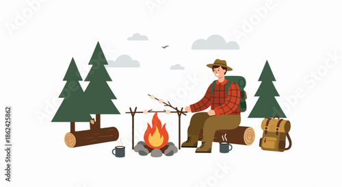 A happy male hiker roasting marshmallows over a campfire in the forest, enjoying a peaceful outdoor camping experience amidst pine trees.