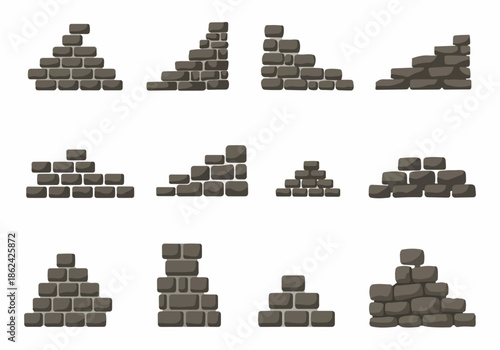 Cartoon vector illustration set of grey stone and brick wall elements, perfect for game assets, construction, or architectural design concepts.
