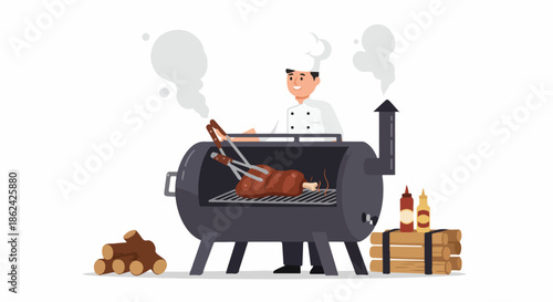 Happy chef smoking a large cut of meat on a classic outdoor barbecue grill, surrounded by wood logs and sauce bottles, preparing delicious food.