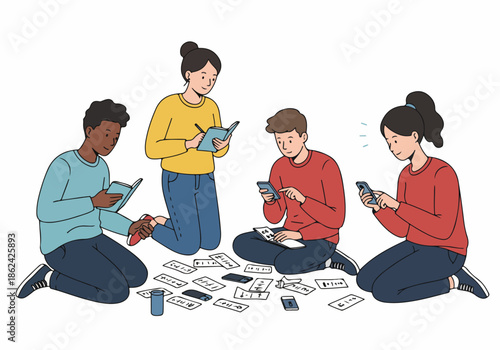 Diverse young students collaborate on schoolwork, using notebooks and smartphones for learning and problem-solving on the floor. Modern education and teamwork concept illustration.