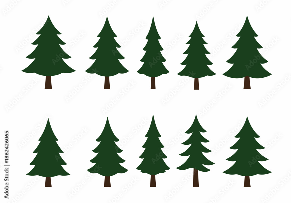 Obraz premium Set of ten stylized green pine trees vector illustration on a white background, ideal for holiday and nature-themed designs.