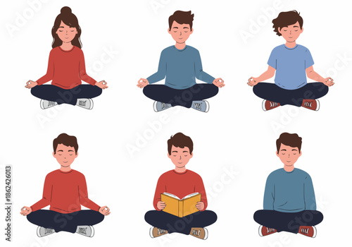 Young people meditating and reading, finding peace and focus through mindfulness and education, promoting mental well-being and concentration.