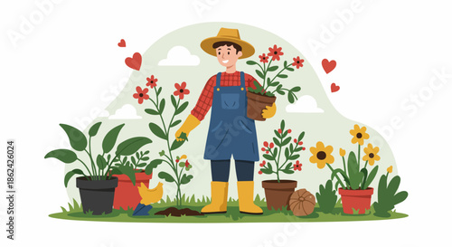 Cheerful gardener planting new flowers and tending to lush potted plants, surrounded by blossoming nature, clouds, and hearts, depicting a joyful green hobby.