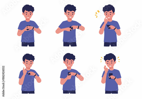 Young man using smartphone and smartwatch in various poses, illustrating modern digital interaction, connectivity, and everyday technology use with diverse expressions.