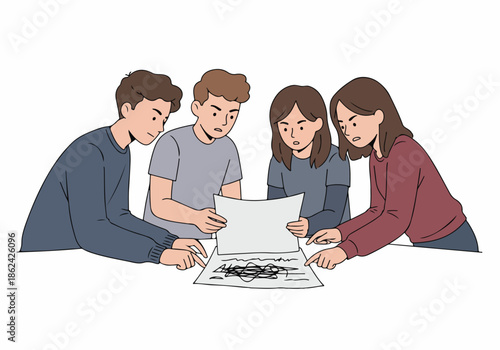 Team collaboration on a complex document, four young people look concerned and confused, pointing at problematic information during a meeting or study session.