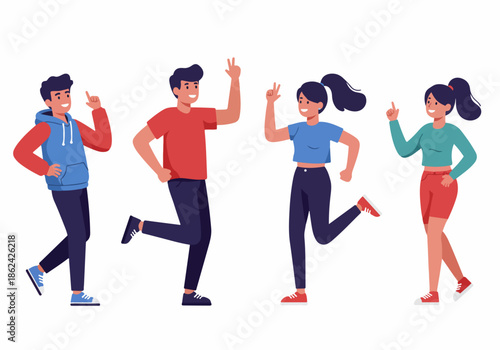 Diverse group of energetic young people in casual attire making various hand gestures like pointing and victory signs, isolated on white.