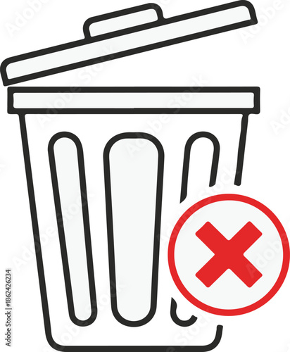 A minimalist line art icon of a trash can with an open lid and a red circular "X" symbol, representing file deletion, clearing history, or canceling a disposal action.