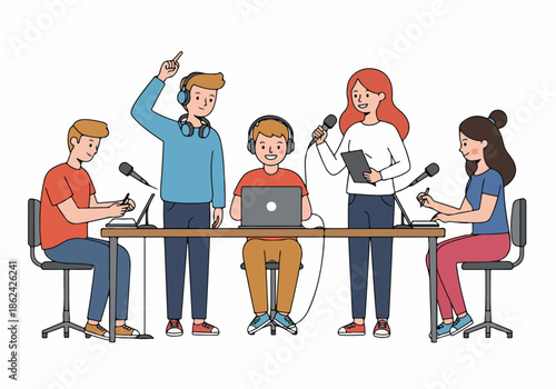 Diverse group of young adults hosting a podcast or radio show, collaborating and broadcasting online. Modern media creation, digital communication, and teamwork.