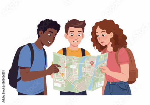Diverse group of young friends with backpacks studying a city map, navigating and planning their travel adventure together.