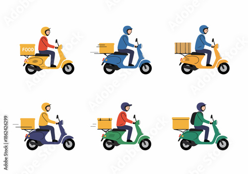 Diverse Delivery Drivers on Scooters with Food and Packages: A Flat Design Illustration Collection Representing Fast Courier Services.