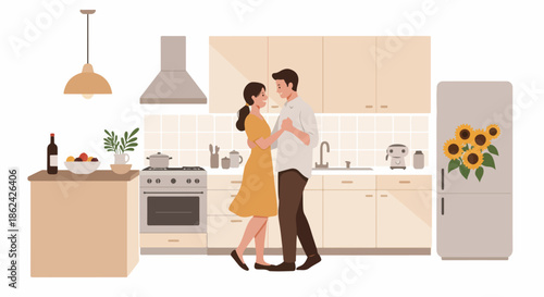 Happy couple dancing intimately in a cozy, modern kitchen, enjoying a romantic moment at home.