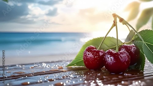 Fresh Red Cherries with Water Droplets on Tropical Beach