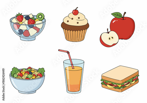 Colorful cartoon illustration of various food and drink items: fruit salad, cupcake, apples, pasta salad, juice, and a sandwich, perfect for children's menus or healthy eating themes.