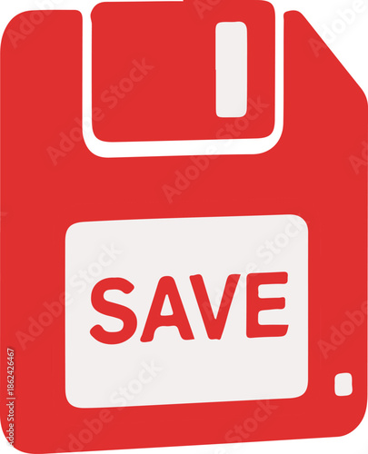 A red floppy disk icon with the word "SAVE" in red text on a white label, serving as a classic digital symbol for data storage, file preservation, and saving progress in software.