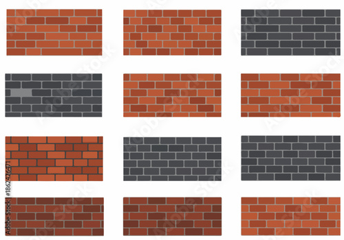 Set of seamless brick wall textures in flat design, featuring red, brown, and gray bricks for architectural backgrounds.