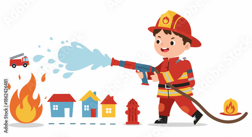 Cute Boy Firefighter Extinguishing a House Fire. Cartoon Illustration of Fire Safety and Emergency Services.