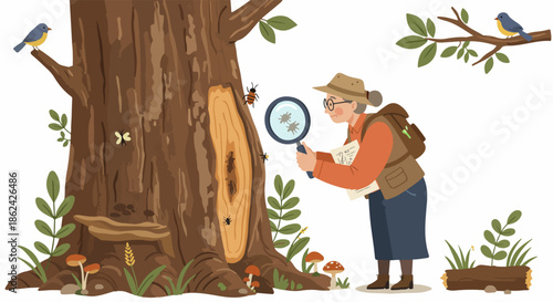 Curious senior explorer examining tree bark and forest insects with a magnifying glass.