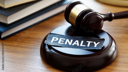 Close-up of a Judge Gavel with a Penalty Label Representing Legal Punishment and Judicial Fines