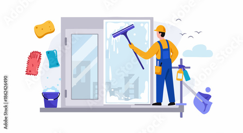Professional window cleaner diligently cleans a large window with a squeegee, showcasing cleaning tools and a cityscape view.
