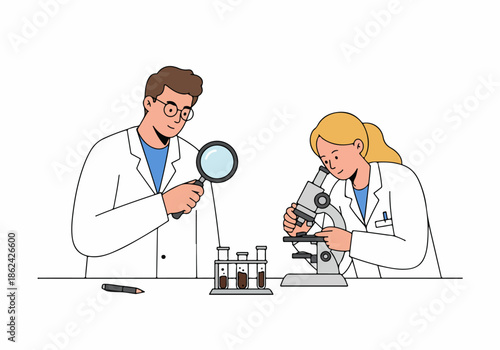 Scientists working in a laboratory, examining samples with a magnifying glass and microscope, collaborating on research and experimentation.