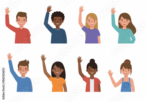 Diverse smiling cartoon people waving, expressing hello, welcome, or participation. Friendly multicultural characters raising hands.