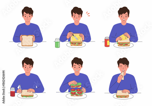 Illustration of a man making a healthy sandwich step-by-step, from preparing ingredients to enjoying his delicious homemade meal.