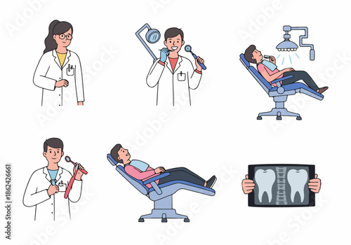 Comprehensive dental care illustrations: showcasing dentists, patients, equipment, and X-ray diagnostics for oral health and hygiene.