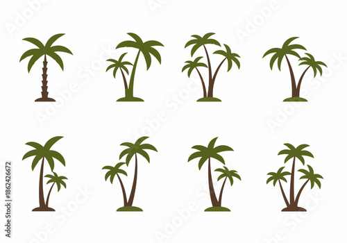 Set of stylized vector palm tree icons showing single, double, and triple configurations, ideal for tropical and holiday design elements.