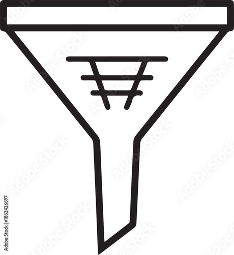 A black and white line art vector icon of a filter funnel, featuring internal horizontal lines to represent data sorting, refining, or chemical laboratory filtration processes.