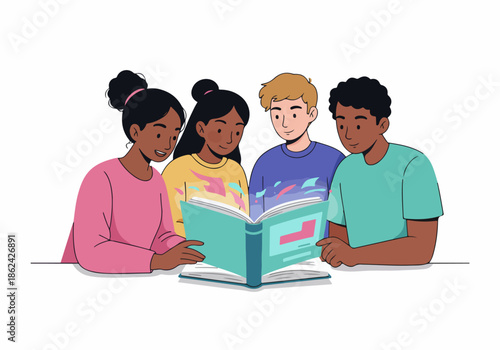 Diverse young people enthusiastically reading a book together, symbolizing collaborative learning, friendship, and shared knowledge in education.