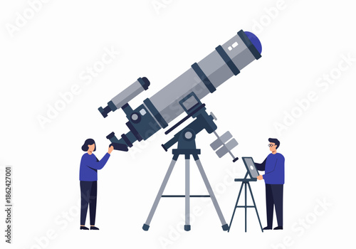 Two astronomers observing stars with a large telescope and laptop, engaging in scientific research and space exploration.