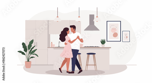 A loving couple slow dancing in their cozy, modern kitchen, enjoying a romantic moment together at home, in a flat illustration style.