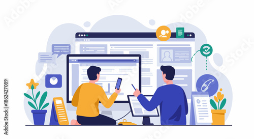 Two diverse men collaborating on web development and digital marketing projects, utilizing computers, smartphones, and online platforms in a modern workspace illustration.