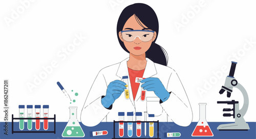 Female scientist in lab coat and goggles conducts experiments with test tubes, surrounded by laboratory equipment, symbolizing scientific research, discovery, and medical advancements.