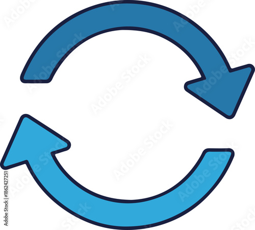 A blue circular sync icon featuring two curved arrows forming a continuous loop, representing refresh, recycling, reload, and synchronization processes in a clean vector style.