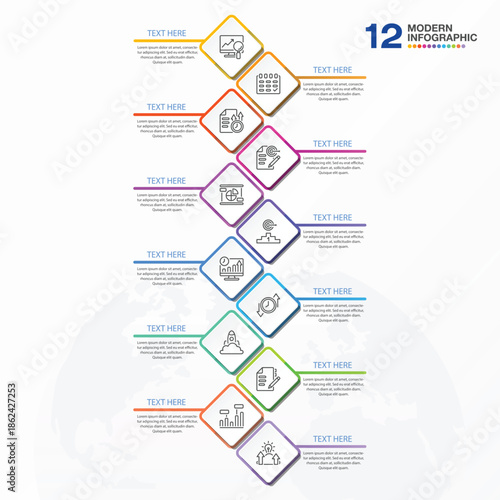 Infographic template with 12 steps, process or options, process chart, Used for process diagram.