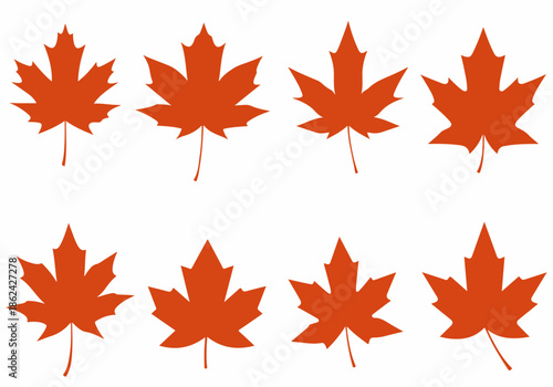 Collection of eight orange-red maple leaf silhouettes in varied shapes, isolated on a white background, perfect for autumn, Canada, and nature designs.