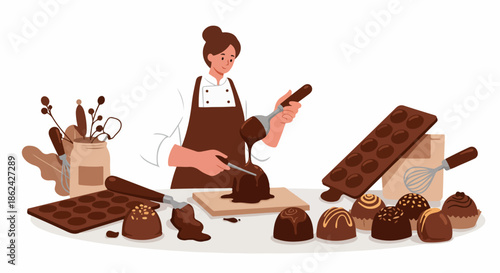 Artisanal Chocolate Making: Female Chocolatier Crafts Gourmet Sweets with Molds and Melted Chocolate