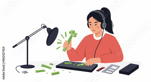 Young woman creating ASMR content by breaking celery for sensory sound recording, broadcasting a unique audio experience for relaxation.