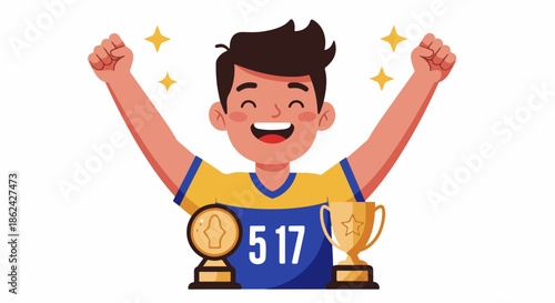 Joyful cartoon boy in a sports jersey celebrating a win with gold trophies and sparkling success.