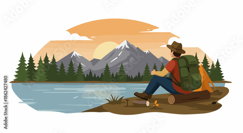Hiker relaxing by a mountain lake at sunset, enjoying the peaceful nature and scenic views during a camping trip illustration.