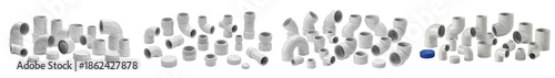 Fotografi Set of PVC (Polyvinyl Chloride) Pipe Fittings Including Elbows, Tees, Couplings,