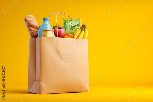 Grocery bag filled with fresh produce and dairy on bright yellow background
