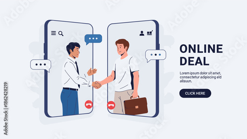 Online Deal Confirmation: Two Businessmen Shaking Hands Through a Video Call
